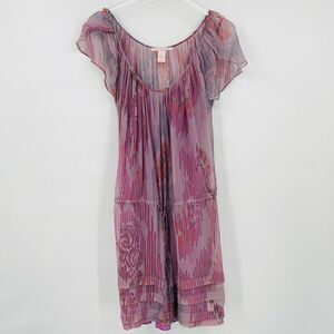 Rebecca Taylor Size 6 Purple & Pink Silk Flutter Sleeve Drawstring Waist Dress